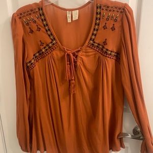 NWOT Embroidered Fall Top with Tie Front